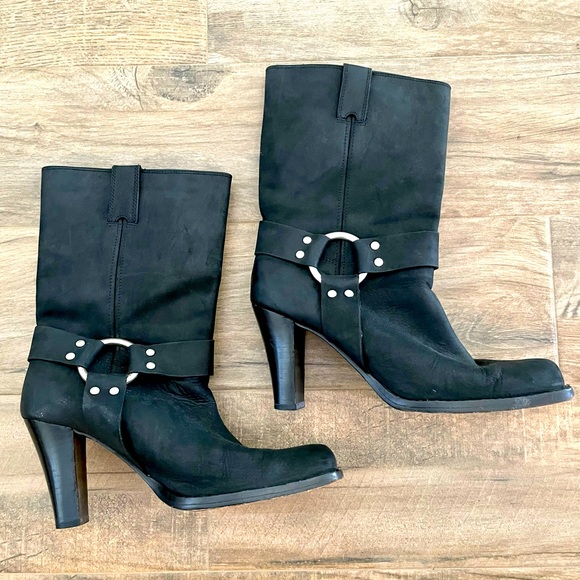 Michael Kors Shoes - 🐍 Michael Kors Black Leather High
Heel Mid Calf Motorcycle Boot/BLACK SUED…